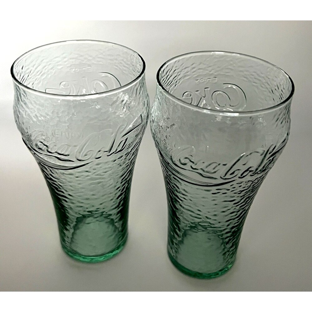 Vintage Set of 2 Coca-Cola Glass Pebbled Dimpled Textured Green 6” Tall See Pics
